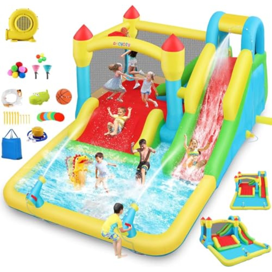 Kids Outdoor Inflatable Water Slide - 屋外/屋内兼用インフレータブルウォーターバウンスハウス（子供用、3～12歳向け）、PVC素材、青と黄色のトリプルスライド、クライミングウォール、ボールプール付き