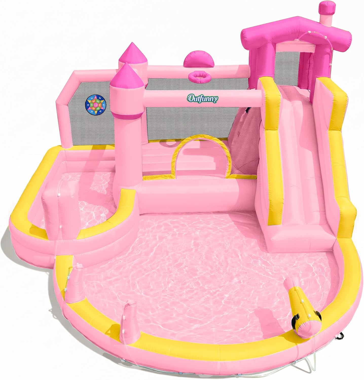Kids Outdoor Inflatable Water Slide - ピンクのインフレータブルウォータースライドバウンスハウス（3歳～12歳のお子様向け）、ダブルプール付き、屋外裏庭用、耐荷重500ポンド、550W送風機付き