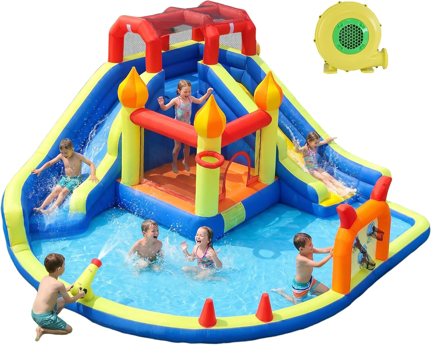 Kids Outdoor Inflatable Water Slide - 子供用ジャンプキャッスル、長いインフレータブルウォータースライダー2本付き、裏庭での屋外遊び用550W送風機付き、子供用バウンスハウス