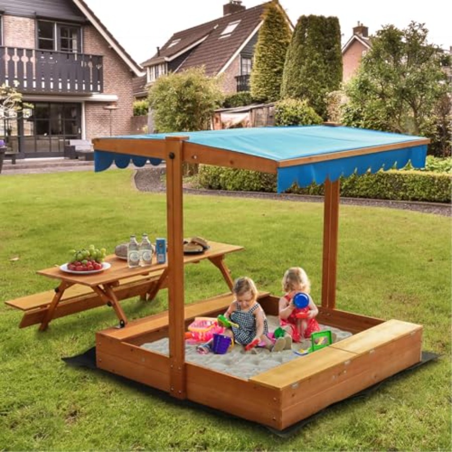 Kids Outdoor Picnic Table - 裏庭用木製キッズサンドボックス、ピクニックテーブルと収納ボックス付き、天然木の色、折りたたみ式ベンチシート、蓋、引き戸付き