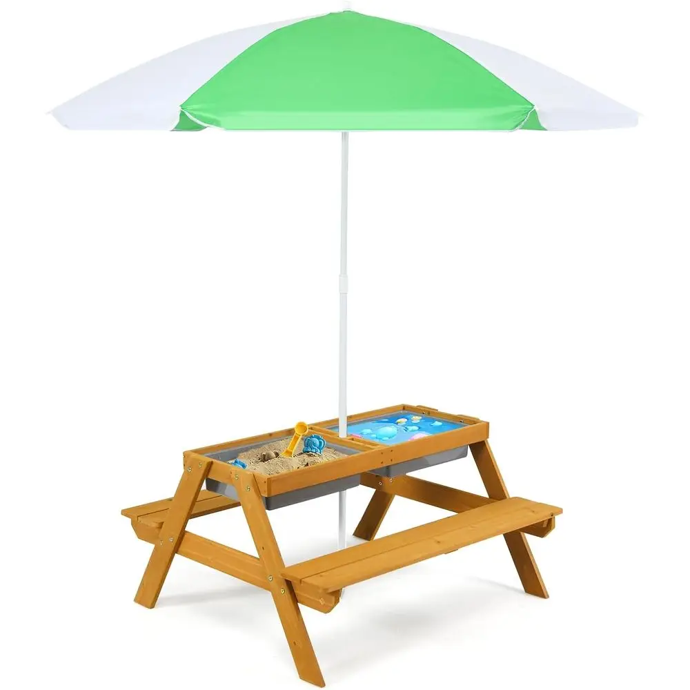 Kids Outdoor Picnic Table - 3in1高さ調節可能傘付きキッズピクニックテーブル、水遊び＆砂遊び、幼児用屋外木製セット、庭、ヤード用