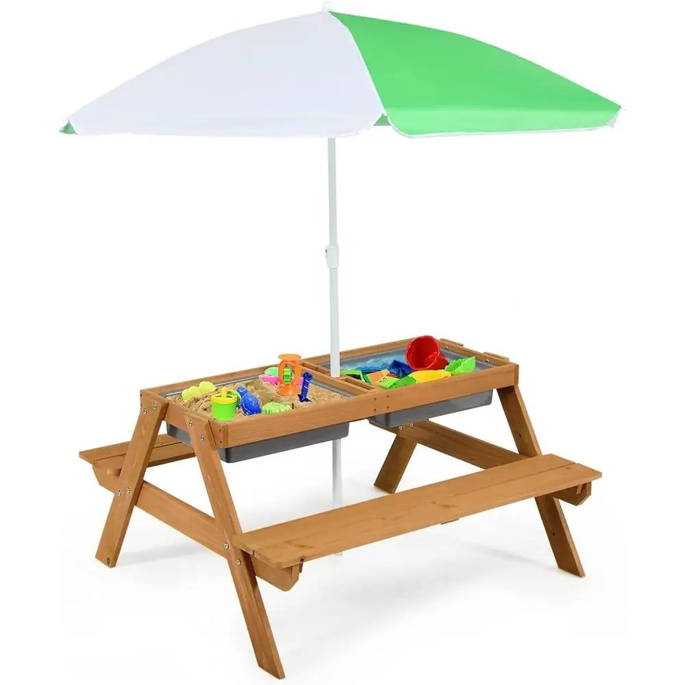 Kids Outdoor Picnic Table - 4-in-1木製砂場＆水遊びピクニックテーブル、取り外し可能なボックスと傘付き、子供用、屋外裏庭ガーデン家具セット