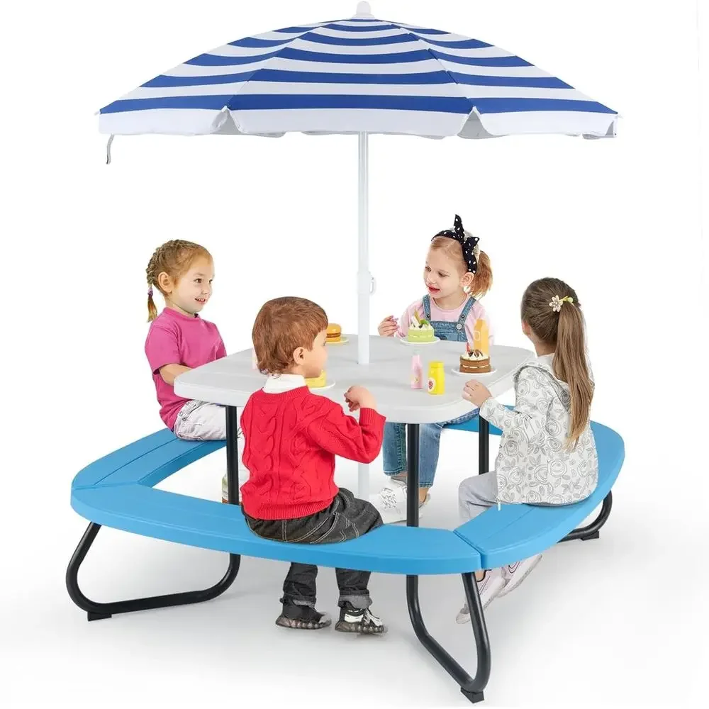 Kids Outdoor Picnic Table - 8人用子供用ピクニックテーブル、傘付き、幼児用アクティビティテーブル、ベンチ4脚、HDPE天板＆金属フレーム、屋外パティオガーデンバックヤード用