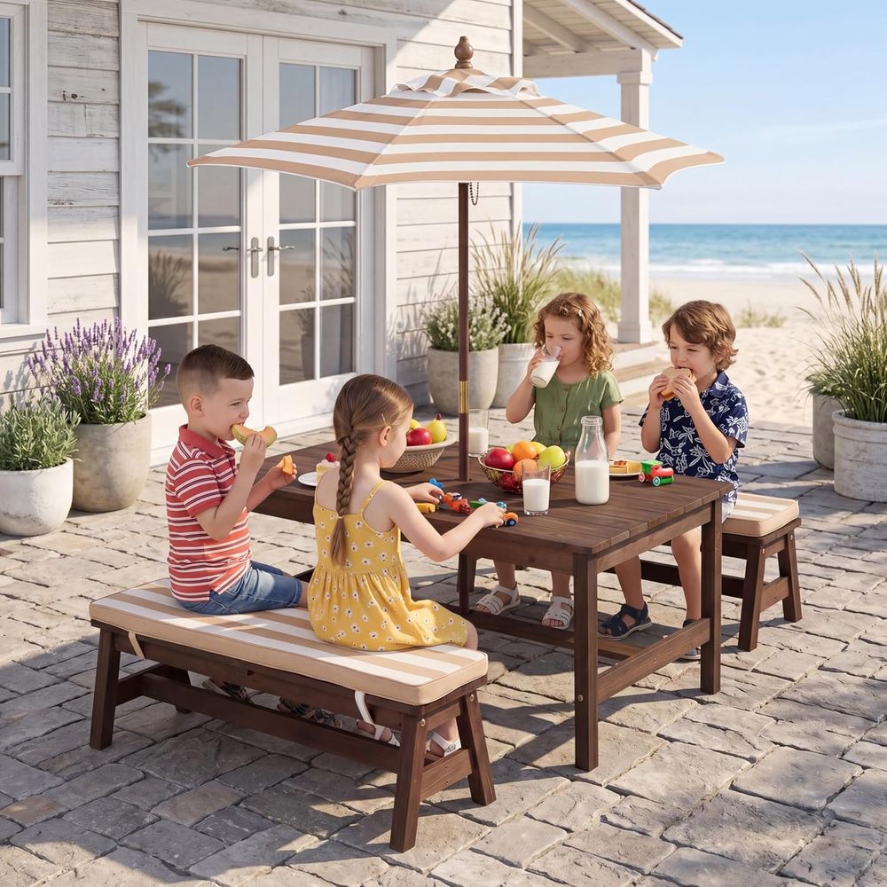 Kids Outdoor Picnic Table - キッズピクニックテーブル、大型42インチx23インチテーブルトップ、IRウッド幼児用屋外テーブル＆ベンチセット、取り外し可能なクッションと傘付き、子供用