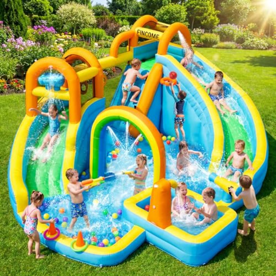 Kids Outdoor Inflatable Water Slide - 子供用裏庭屋外インフレータブルウォータースライドパーク：PVC素材、青と黄色、スプラッシュプール付きデュアルスライド、バスケットボール付き