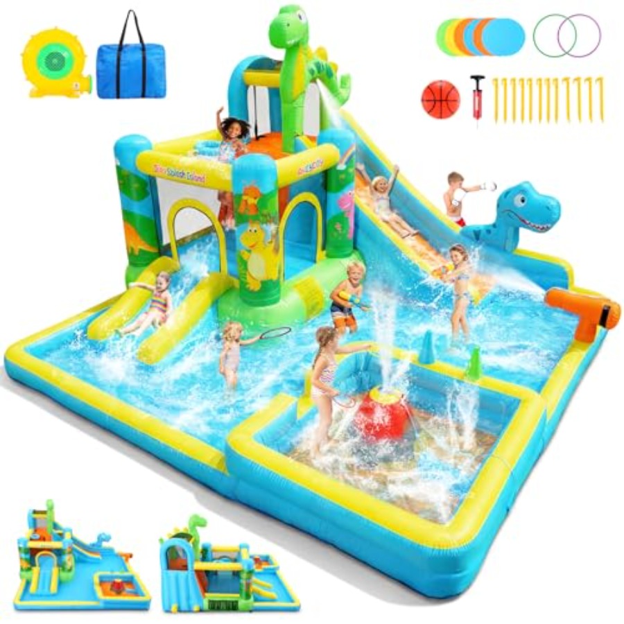Kids Outdoor Inflatable Water Slide - 屋外裏庭用インフレータブルウォータースライド：恐竜テーマの13in1バウンスハウス（3歳～12歳向け）PVC素材青緑色デュアルカラー