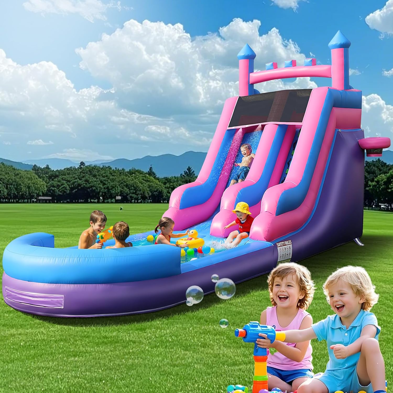Kids Outdoor Inflatable Water Slide - 26.2フィートの頑丈なインフレータブルウォータースライド、大型スプラッシュプール付き、100％PVC製、裏庭、屋外公園、プールパーティーで子供や大人に最適、パープル
