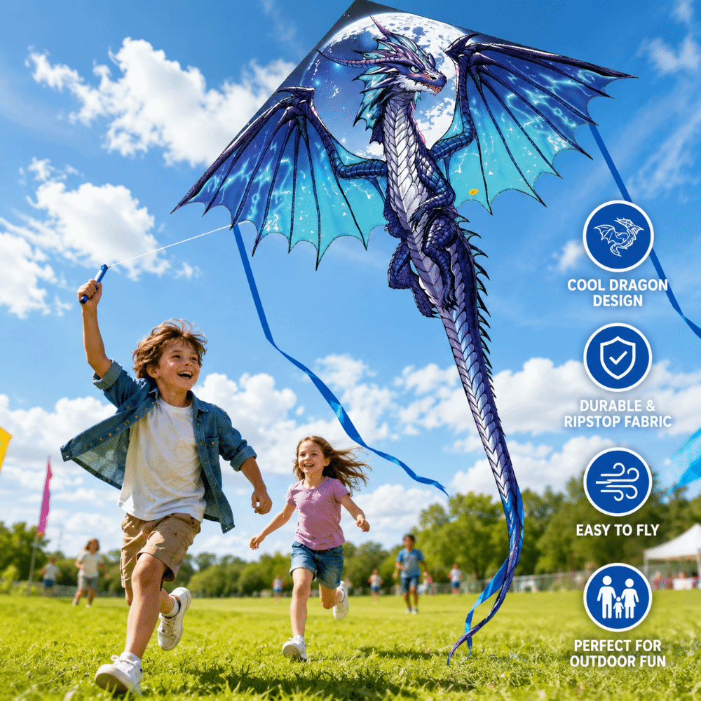 Kite Easy Fly Kids - エアースネークブルードラゴンカイト、100メートルの凧糸付き、簡単に飛ばせる、飛行恐竜カイト、優れた飛行性能、屋外飛行玩具、子供と大人向け