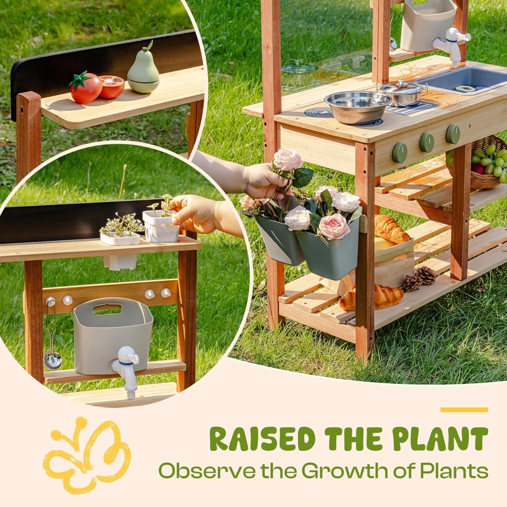 Kids Outdoor Mud Kitchen - アメリカ発送 木製泥だれキッチン 子供用 屋外ごっこ遊びセット 流し水付きシンク 蛇口付き