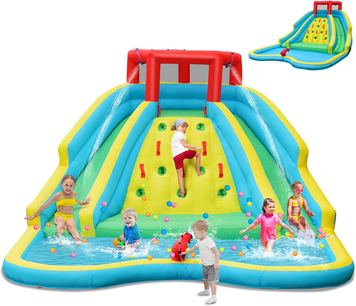 Kids Outdoor Inflatable Water Slide - 巨大な子供用インフレータブルウォータースライド、2つの長いスライドとクライミングウォール付き屋外ウォーターパーク、ウォーターキャノンとホース、大型スプラッシュプール、裏庭用ブロワー付きウォータースライド（ブロワーは含まれていません）