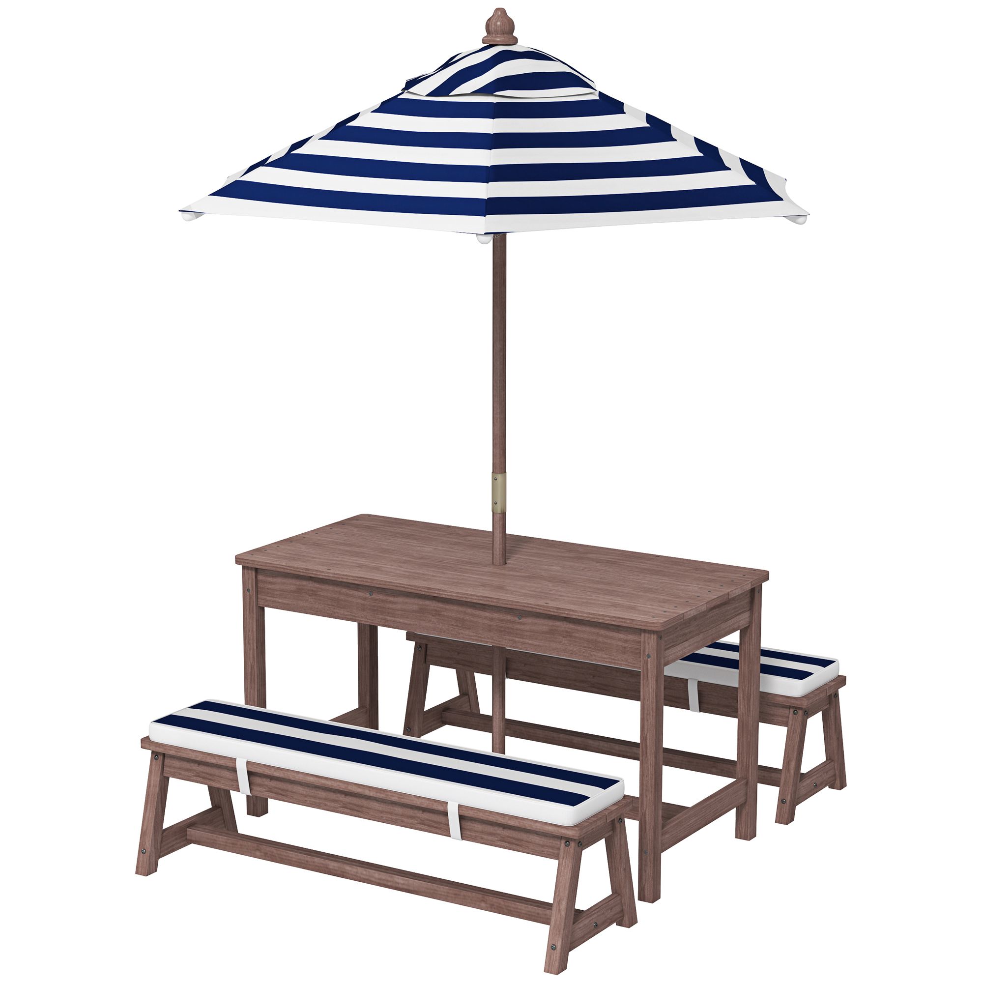 Kids Outdoor Picnic Table - 屋外用木製子供用ピクニックテーブル＆ベンチセット（クッションと傘付き）、パティオ、庭用、ネイビーブルー