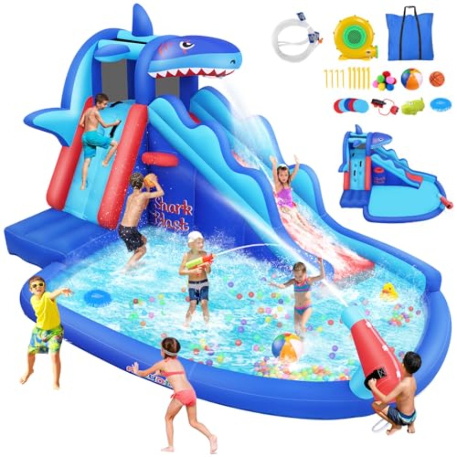 Kids Outdoor Inflatable Water Slide - 屋外/屋内兼用インフレータブルウォータースライドバウンスハウス（3歳～12歳のお子様向け、サメをテーマにした青と黄色、クライミングウォール、ロングスライド付き）