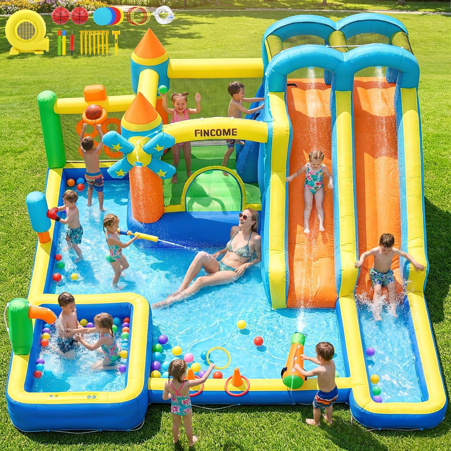 Kids Outdoor Inflatable Water Slide - 10in1インフレータブルバウンスハウス、ダブルウォータースライド、クライミングウォール、ウォーターガン＆スプリンクラー付き - 750W送風機付き屋外キッズ用裏庭ウォーターパーク