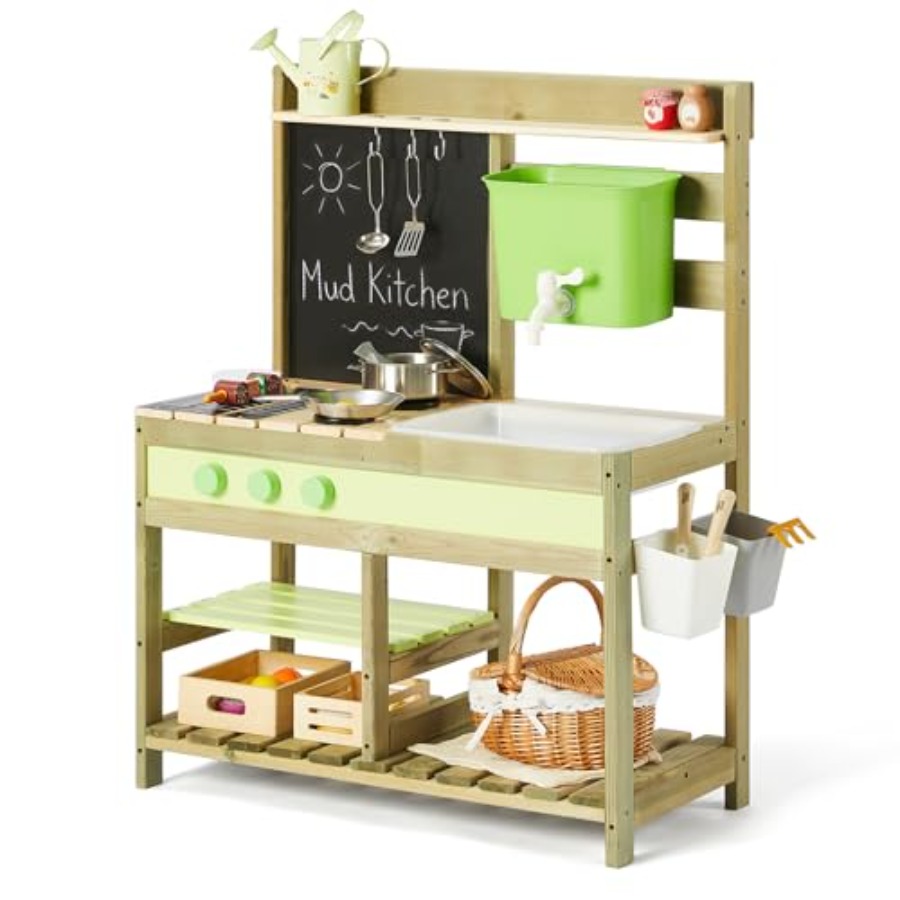 Kids Outdoor Mud Kitchen - 子供用屋外泥遊びキッチン：天然木色の木製プレイセット、4.8L水槽付きシンク、砂と水遊びテーブルのおもちゃ、耐久性あり