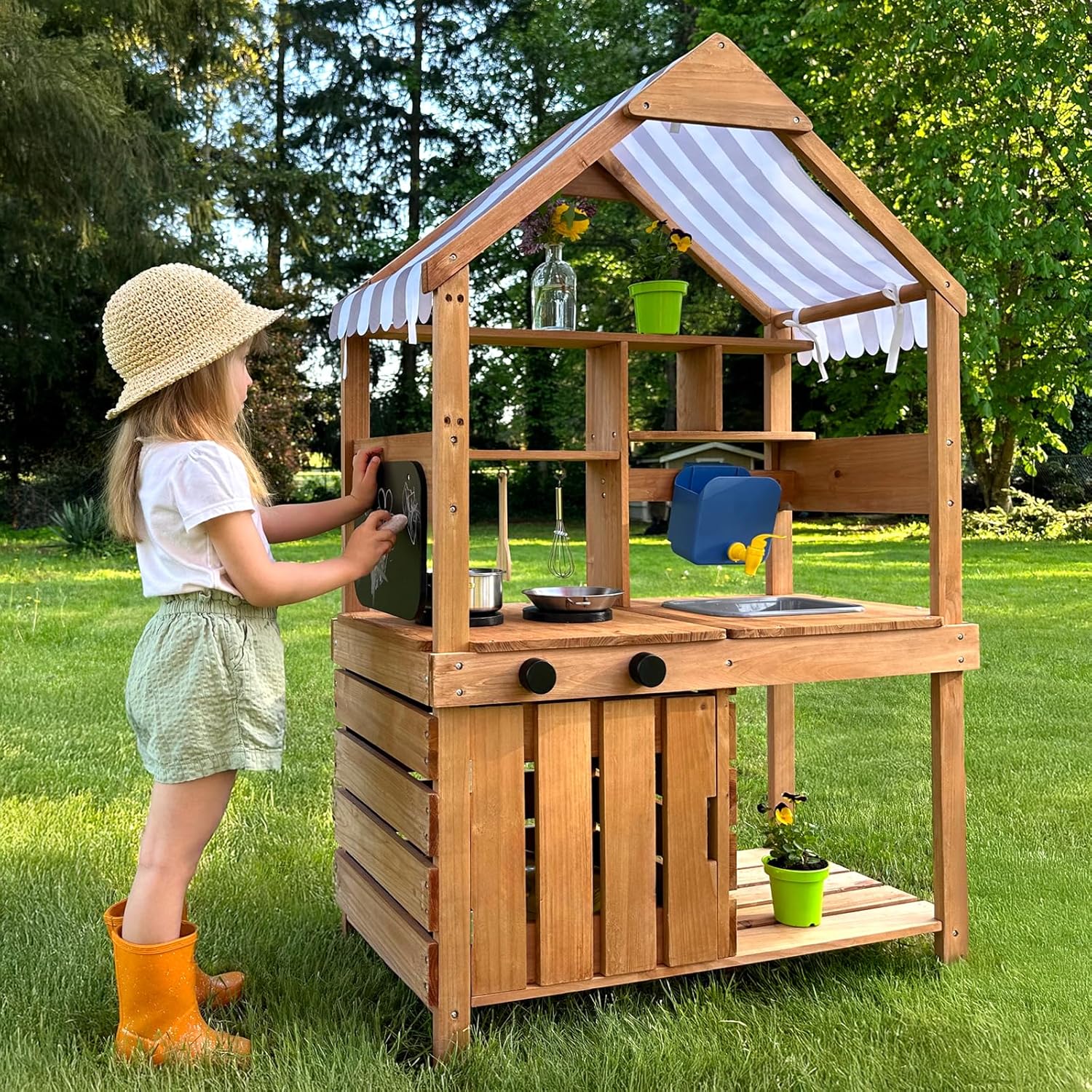 Kids Outdoor Mud Kitchen - # 泥だらけキッチン屋外プレイセットキャノピー黒板ガーデンツール調理器具水槽モミ材子供3歳以上カスタマイズ可能