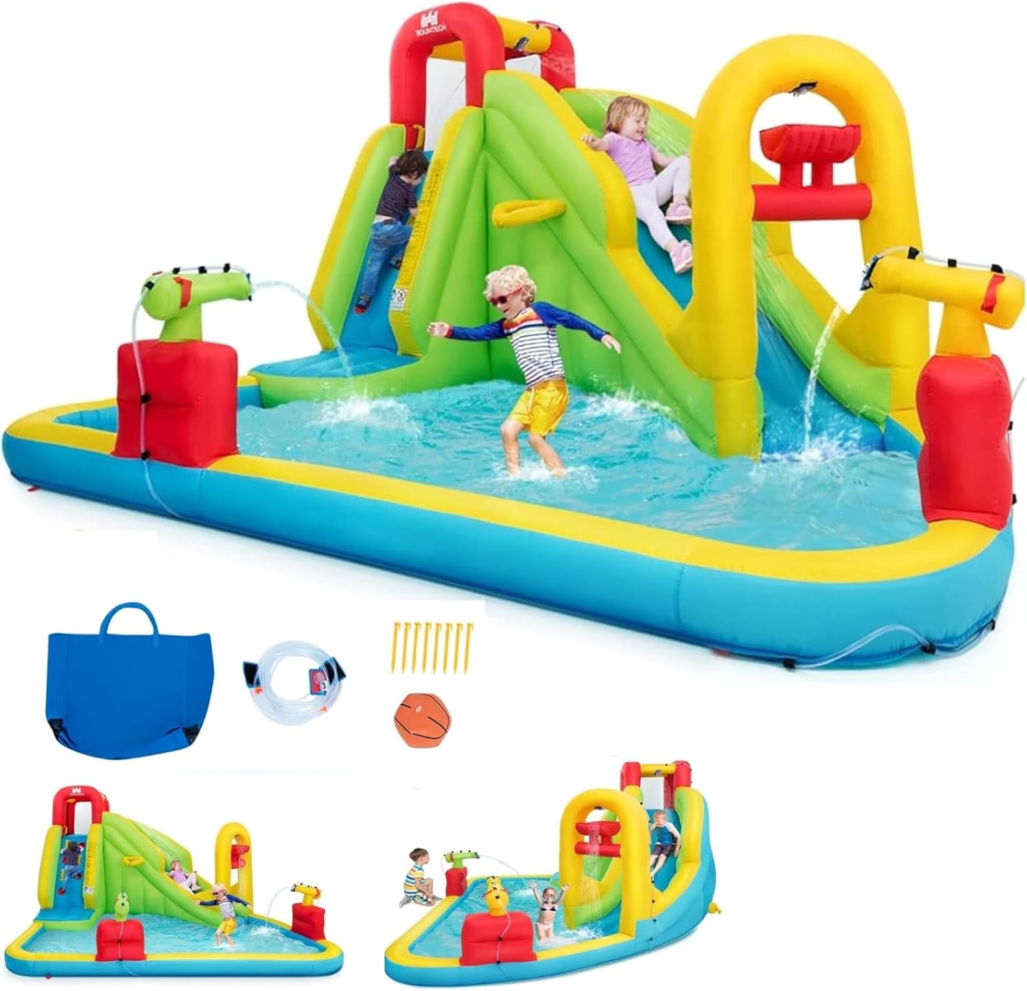 Kids Outdoor Inflatable Water Slide - 巨大なインフレータブルウォーターパーク遊具 - 子供用ブロウアップウォータースライド、スプラッシュプール、水遊び場、クライミングウォール付き、屋外裏庭ファミリーファンパーティー用ギフト（5歳～12歳対象）