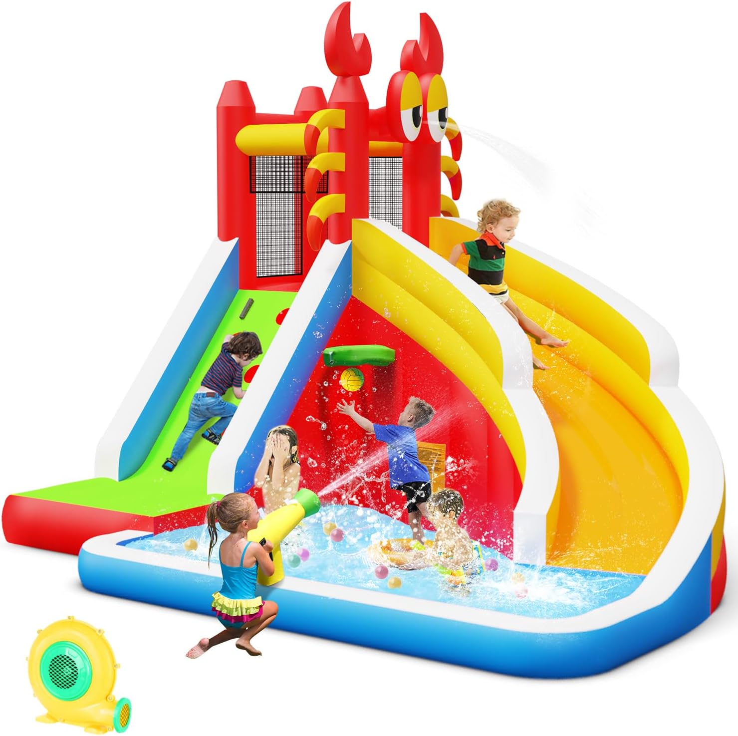 Kids Outdoor Inflatable Water Slide - 子供用大型インフレータブルバウンスハウス（ウォータースライダー付き）- スプラッシュプール、クライミングウォール、バスケットボールフープ、ウォーターガン付き（屋内/屋外裏庭パーティー用）- エアーブロワー、修理キット、キャリーバッグ付き