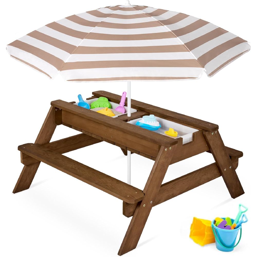 Kids Outdoor Picnic Table - 子供用ピクニックテーブル（傘付き）、3-in-1砂場＆水遊びテーブル、屋外用変形ピクニックテーブル（幼児用）、4人掛け、取り外し可能な天板