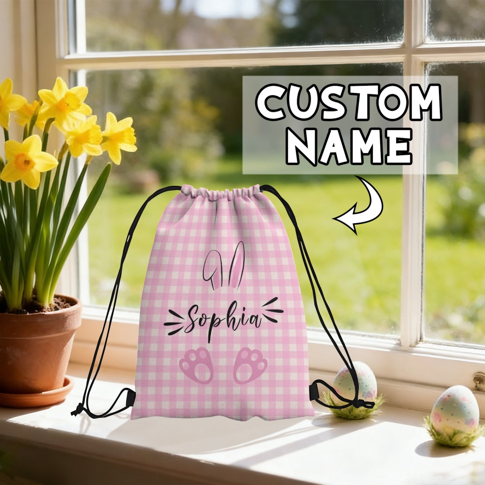Kids Outdoor Easter Gifts - パーソナライズされたイースターバニー巾着バックパック、カスタム名入りピンクギンガムチェックサックバッグ、ポータブルジムアウトドアトラベルバッグ、子供用イースターギフト
