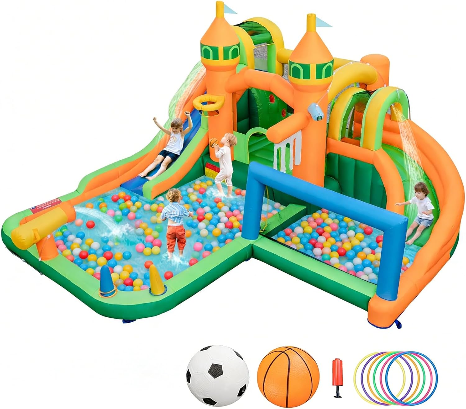 Kids Outdoor Inflatable Water Slide - 9in1インフレータブルウォーターパークバウンスハウス（デュアルスライド、スプラッシュプール、ウォーターサッカー付き）- 3歳以上の大きなお子様向け屋外ジャンプキャッスル