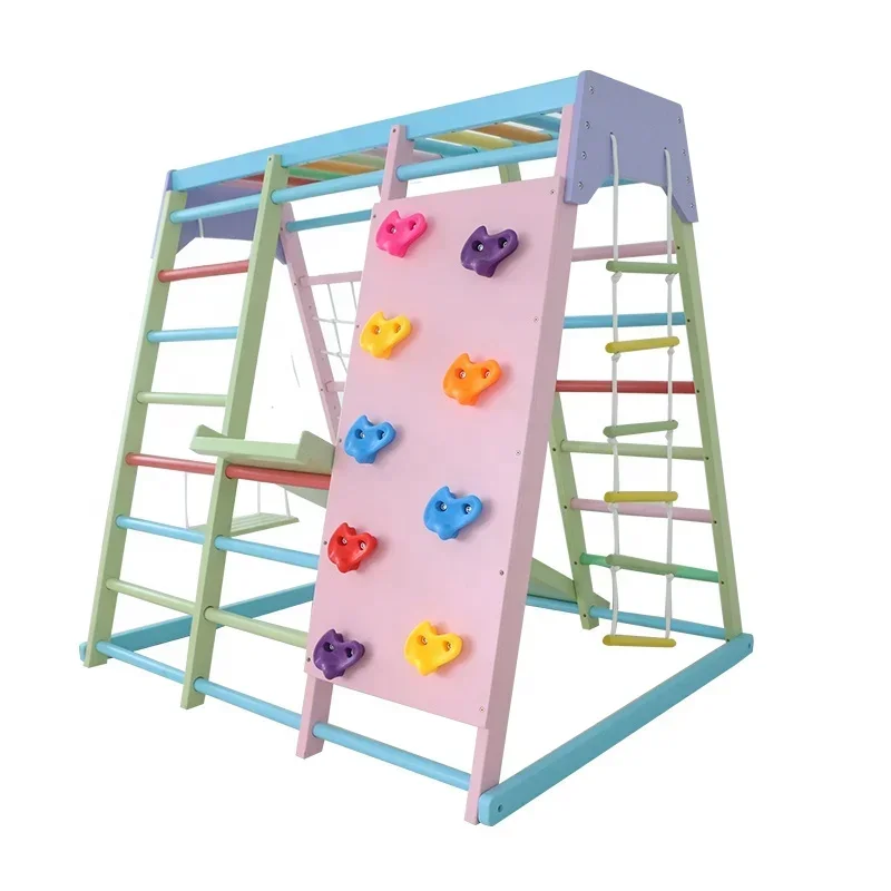 Kids Outdoor Climbing Frame - 子供用木製クライミングフレーム屋内セット、ブランコ、滑り台、ジャングルジム付き、家庭用および学校用屋外遊具