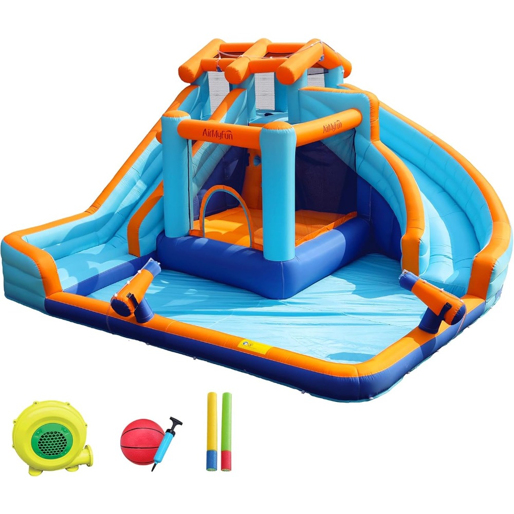 Kids Outdoor Inflatable Water Slide - 大型ウォータースライダー付きバウンスハウス、スプラッシュプールとバスケットボールフープ付き、子供と大人のための屋外遊び用インフレータブルバウンスキャッスル