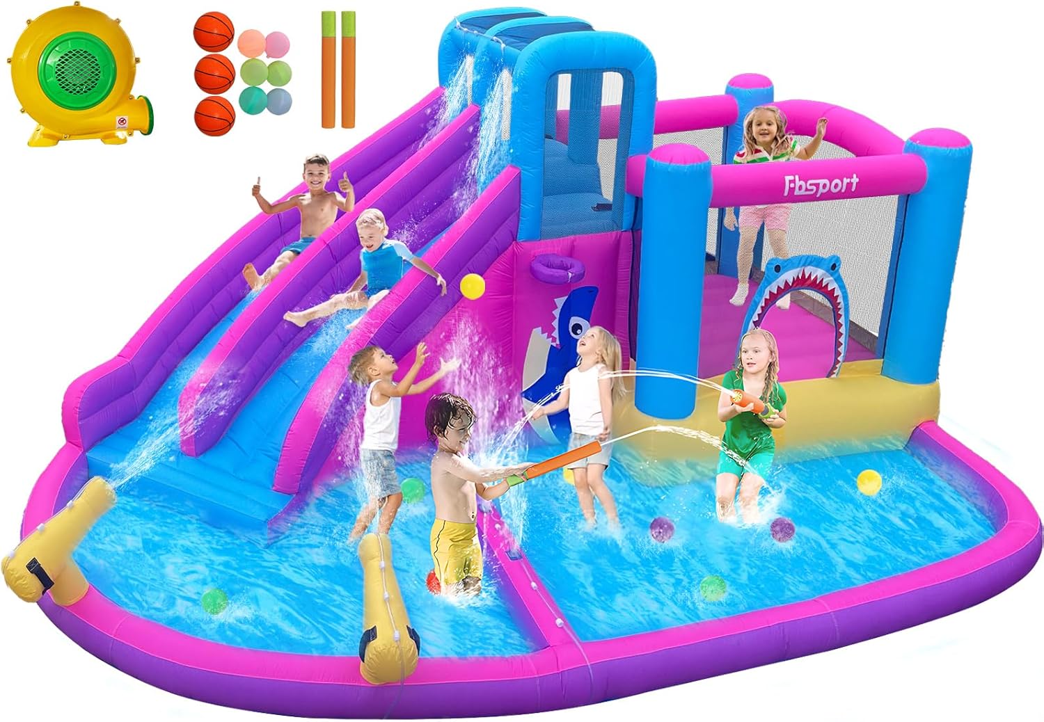 Kids Outdoor Inflatable Water Slide - 子供用ツインウォータースライドインフレータブルバウンスハウス、ボールピット、ウォーターキャノン、クライミングウォール付き – 裏庭、屋内、屋外で使用できる550Wエアブロワー付き子供用バウンシーキャッスル