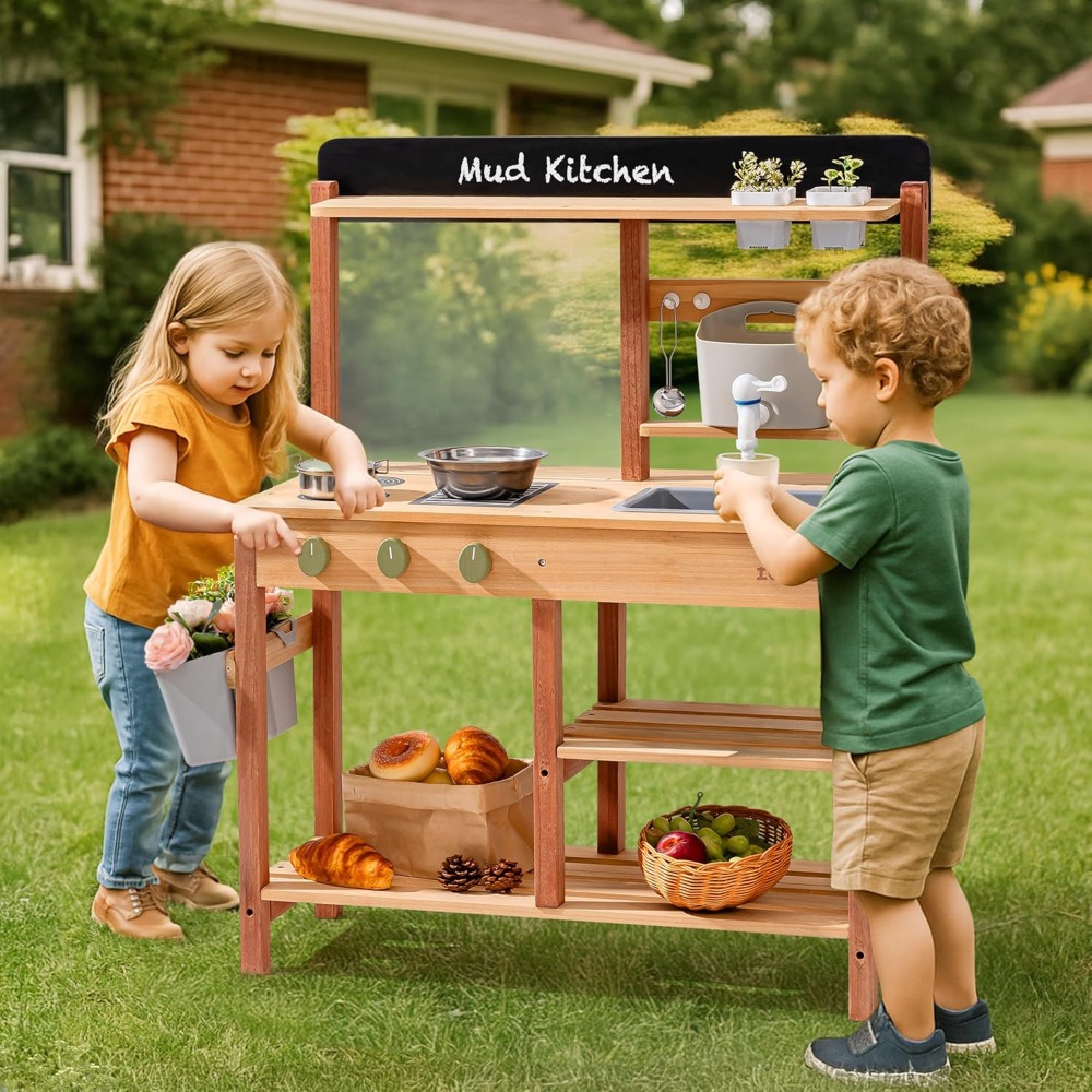 アメリカ発送 木製泥だれキッチン 子供用 屋外ごっこ遊びセッ - Kids Outdoor Mud Kitchen のレビューと価格