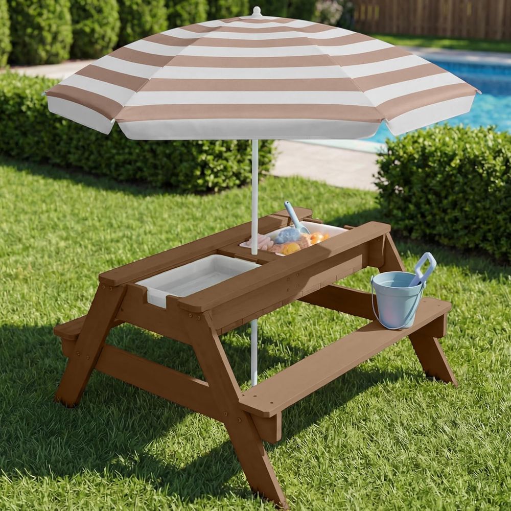 子供用ピクニックテーブル（傘付き）、3-in-1砂場＆水遊び - Kids Outdoor Picnic Table のレビューと価格
